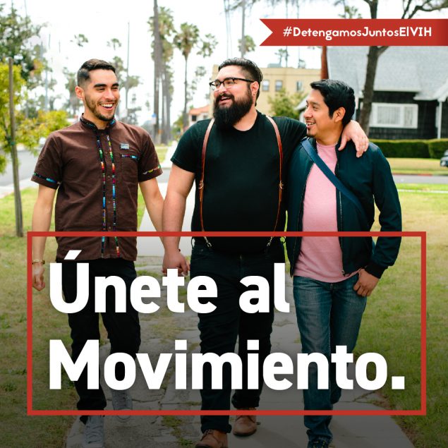 Tres hombres caminado por una acera hablando y con los brazos alreadedor del otro. El texto dice: Unete ai Movimiento.