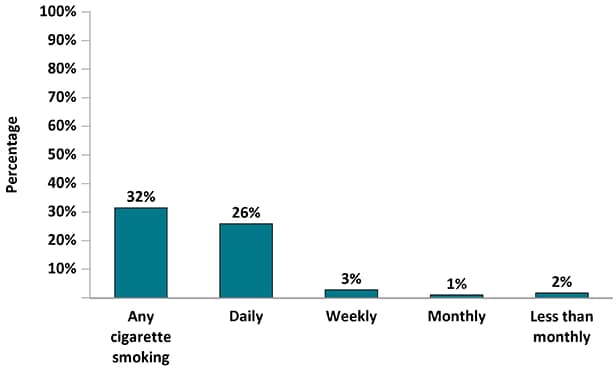 The estimated prevalence of cigarette smoking in the past 12 months was 32 percent. An estimated 26 percent of persons smoked daily, 3% weekly, 1% monthly, and 2 percent less than monthly.