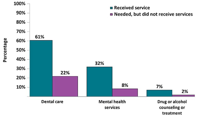 For non-HIV medical care services, an estimated 61% of person received dental care, 32% received mental health services, and 7% received drug or alcohol counseling or treatment.  In total, 22% had unmet needs for dental care, 8% had unmet needs for mental health services, and 2% had unmet needs for drug or alcohol counseling or treatment.