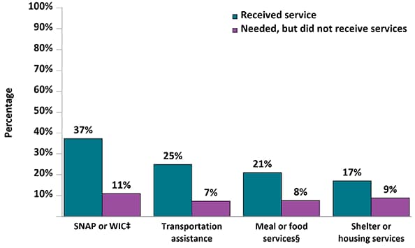 For subsistence services, an estimated 37% received SNAP or WIC, 25% received transportation assistance, 21% received meal or food services, and 17% received shelter or housing services.  In total, 11% had unmet needs for SNAP or WIC, 7% had unmet needs for transportation assistance, 8% had unmet needs for meal or food services, and 9% had unmet needs for shelter or housing services.
