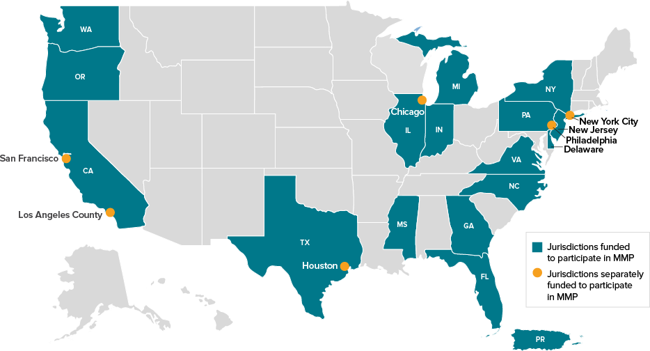 Figure 1. Participating Medical Monitoring Project Sites, Including 16 States and 6 Separately Funded Jurisdictions—United States, 2021