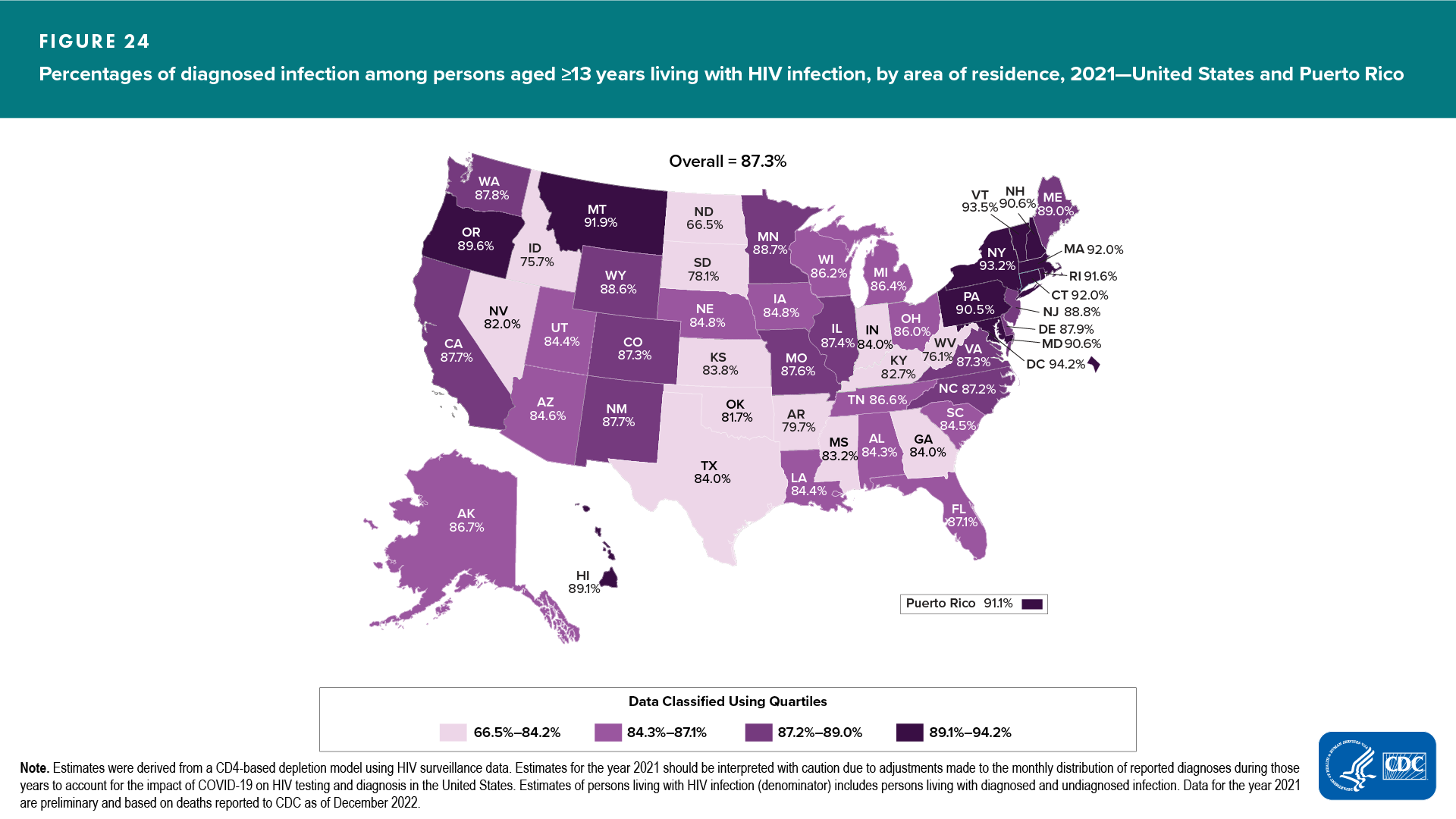 Figure 24. Percentages of diagnosed infection among persons aged ≥13 years living with HIV infection, by area of residence, 2021—United States and Puerto Rico