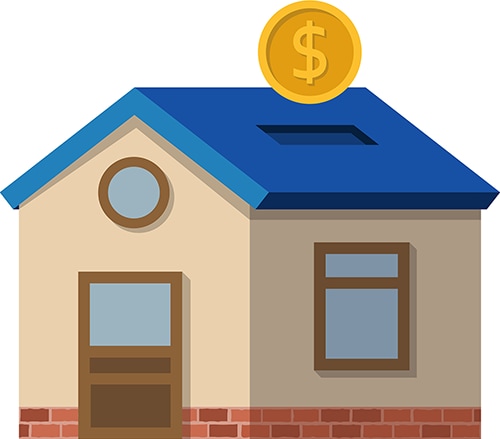 Graphic depicting a house with a piggy bank-type slot in the roof and a coin above it.