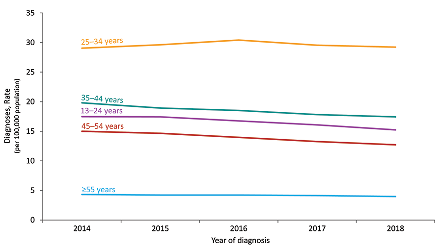 From 2014 through 2018 in the United States, the rates for persons aged 13–24, 35–44, 45–54, and 55 years and older decreased. The rate for persons aged 25–34 years remained stable.