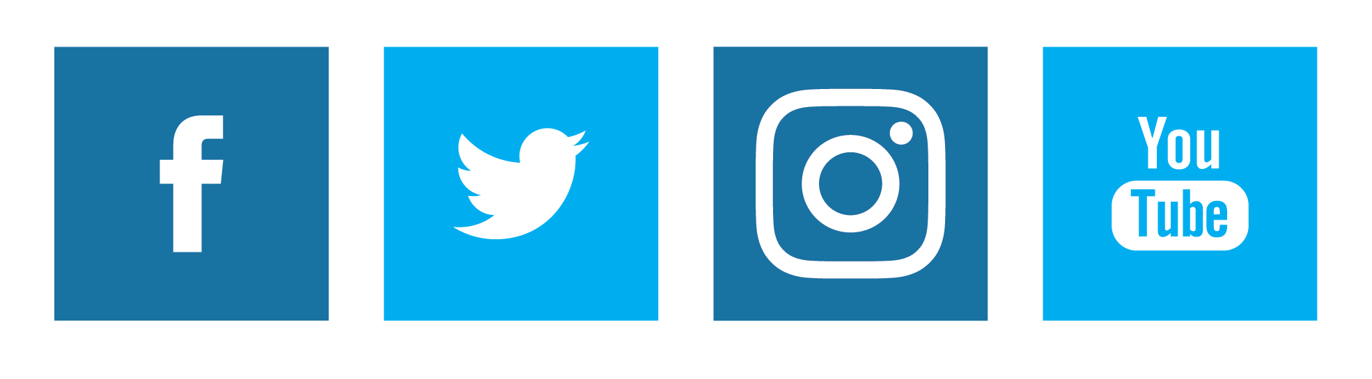 Blue social media icons for Facebook, Twitter, Instagram, and YouTube.