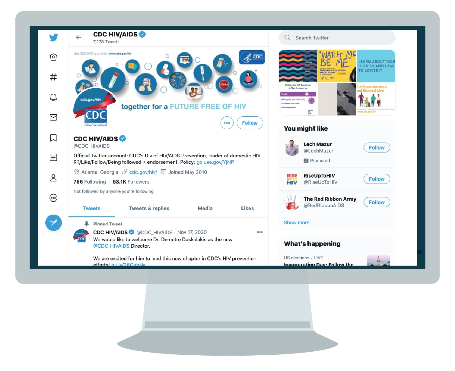 A monitor showing the CDC HIV Twitter page.