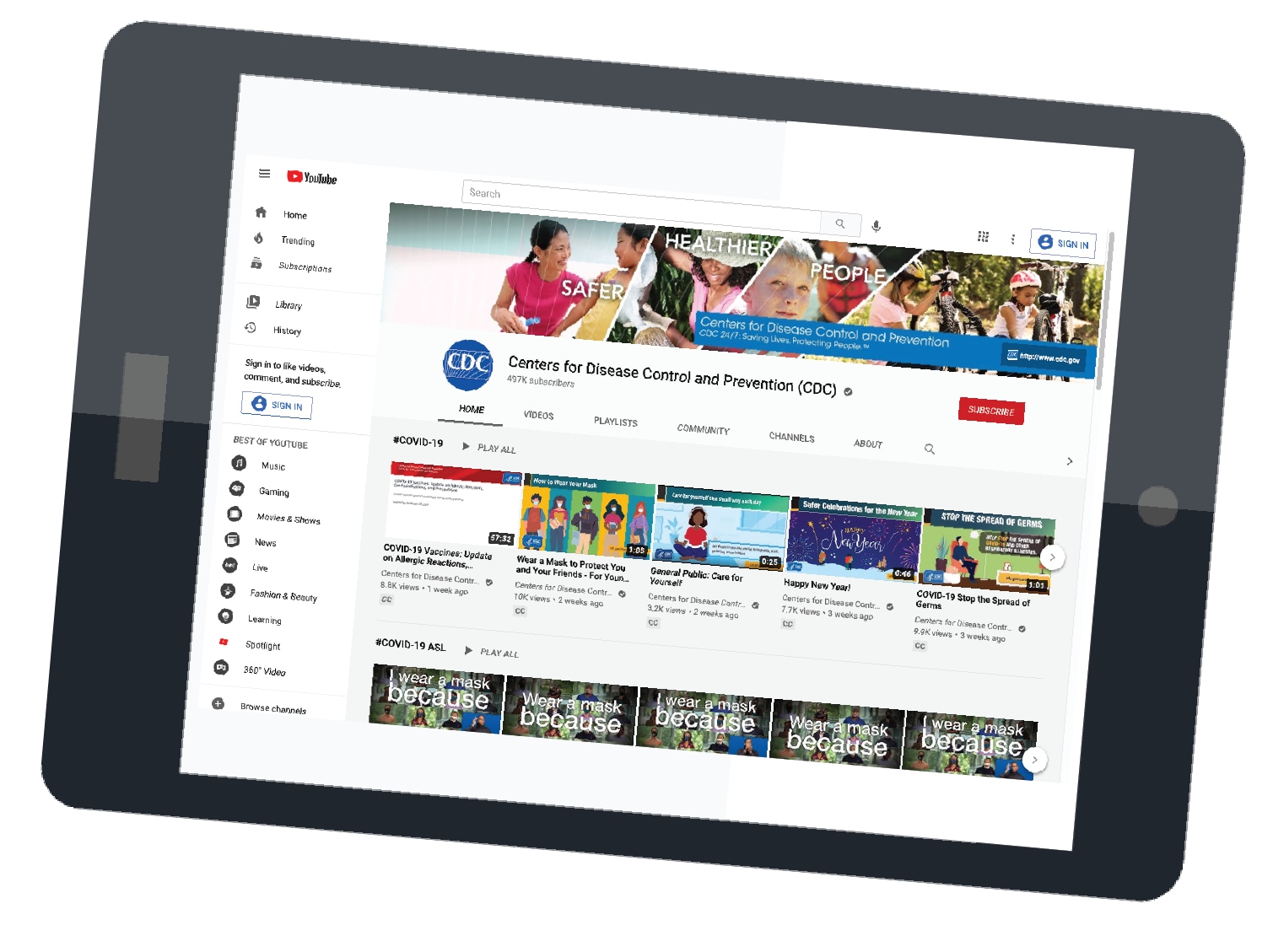A tablet showing the CDC HIV YouTube page.