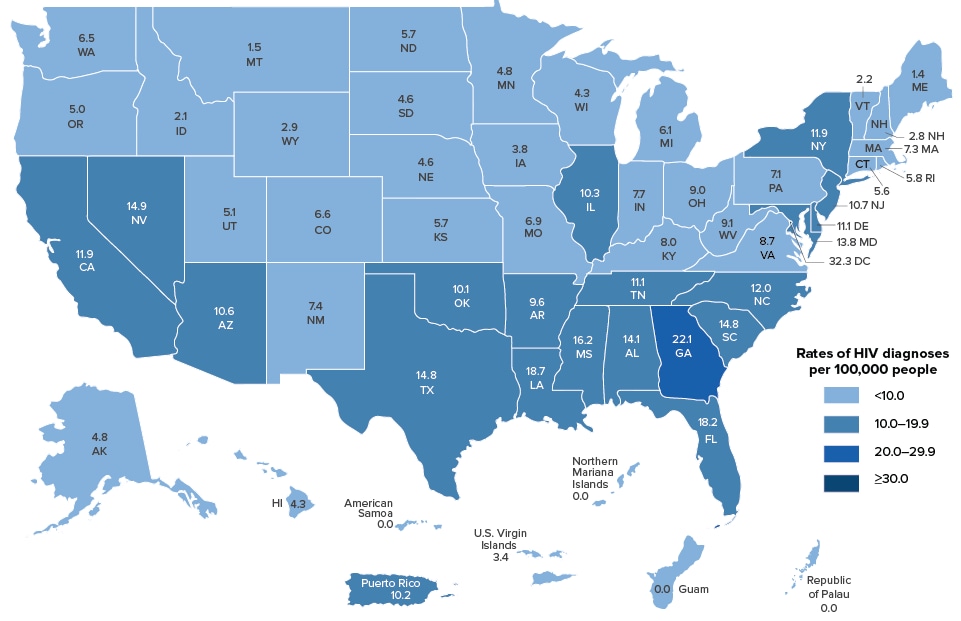 Image shows rates of new HIV diagnoses in the US by state in 2019.