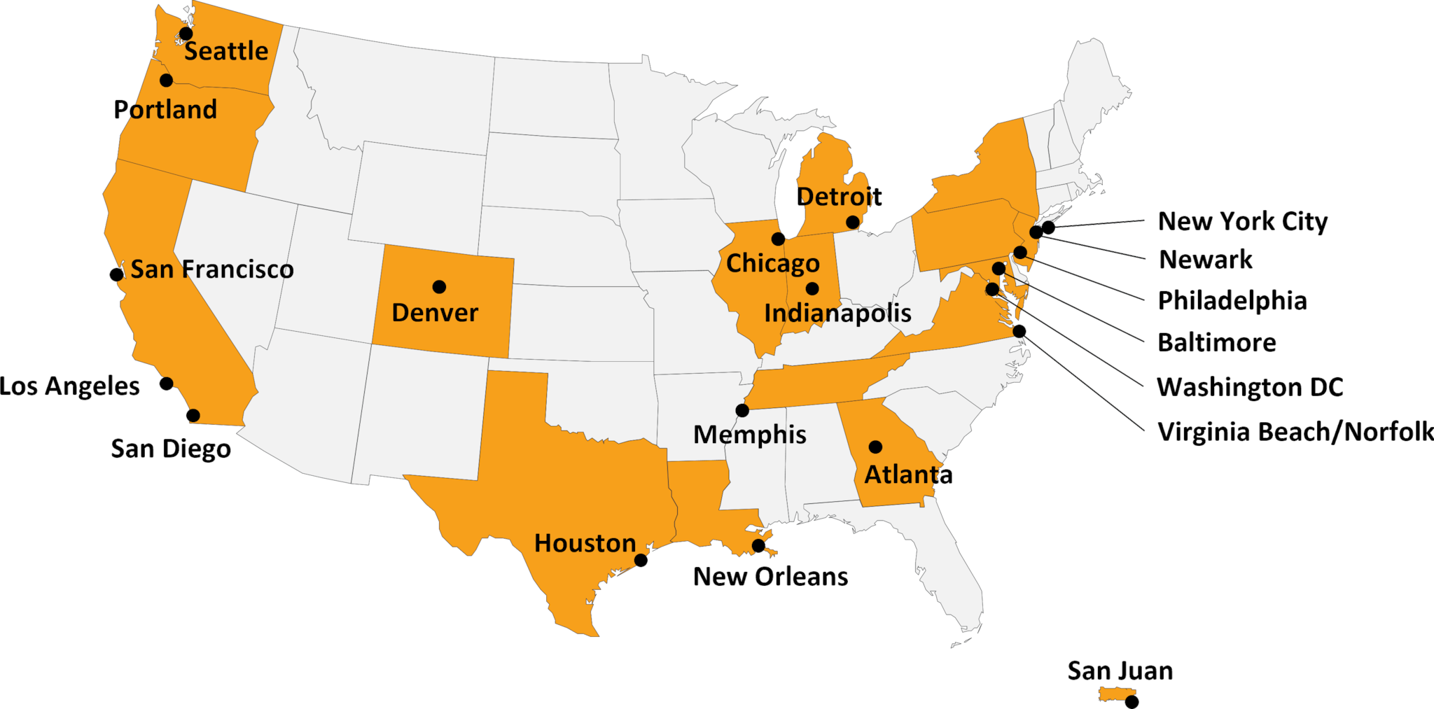 Map of the contiguous United States and Puerto Rico, with markers and labels for the 22 project areas (Atlanta, GA; Baltimore, MD; Chicago, IL; Dallas, TX; Denver, CO; Detroit, MI; Houston, TX; Indianapolis, IN; Los Angeles, CA; Memphis, TN; Nassau-Suffolk, NY; Newark, NJ; New Orleans, LA; New York City, NY; Philadelphia, PA; Portland, OR; San Diego, CA; San Francisco, CA; San Juan, PR; Seattle, WA; Virginia Beach, VA; Washington, DC).