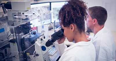 photo of lab technicicans looking into microscopes
