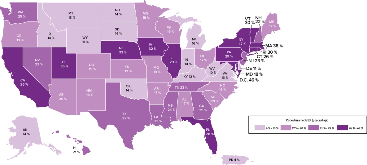 Este mapa muestra la cobertura de PrEP en los EE. UU. y Puerto Rico por área de residencia.