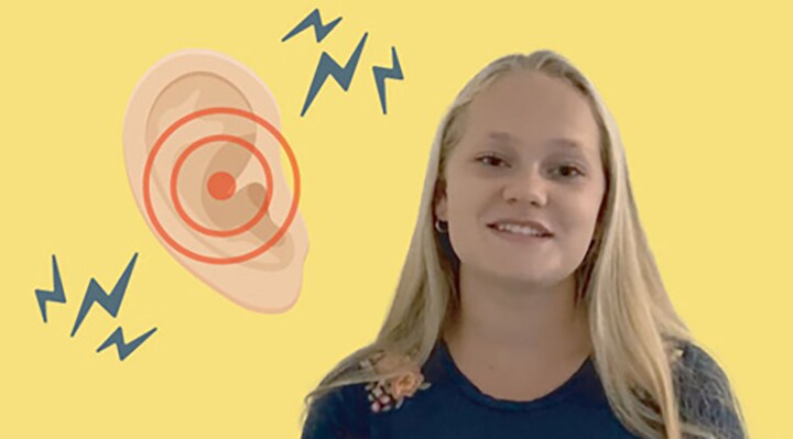 Young woman with illustrated ear and loud sounds