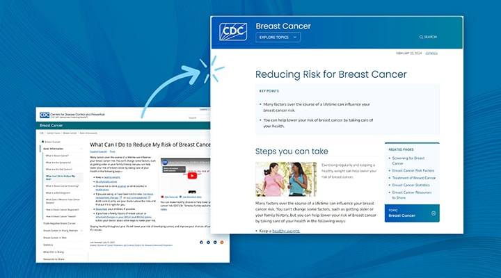 Screenshots of the old and new site look of cdc.gov