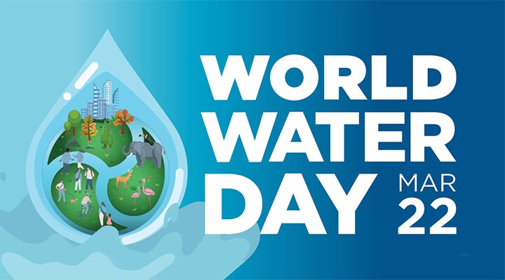 A water drop encompassing the earth showing different uses of water, with text saying, World Water Day. March 22