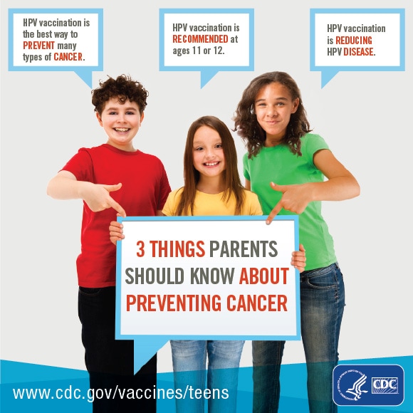 teens pointing to sign reading 3 things parents should know about preventing cancer