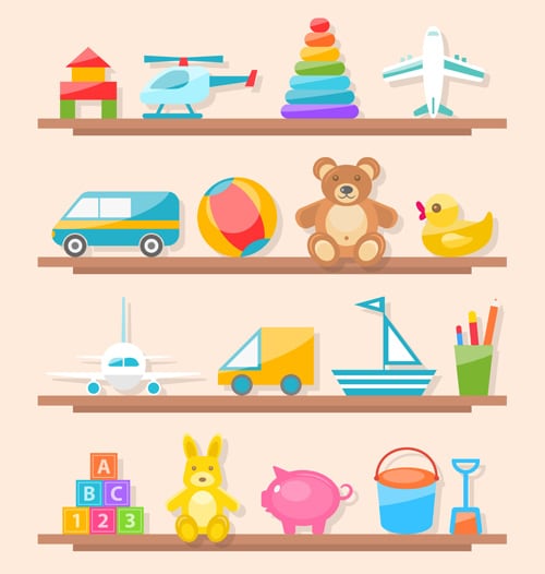 Set of colorful children toys on a shelf