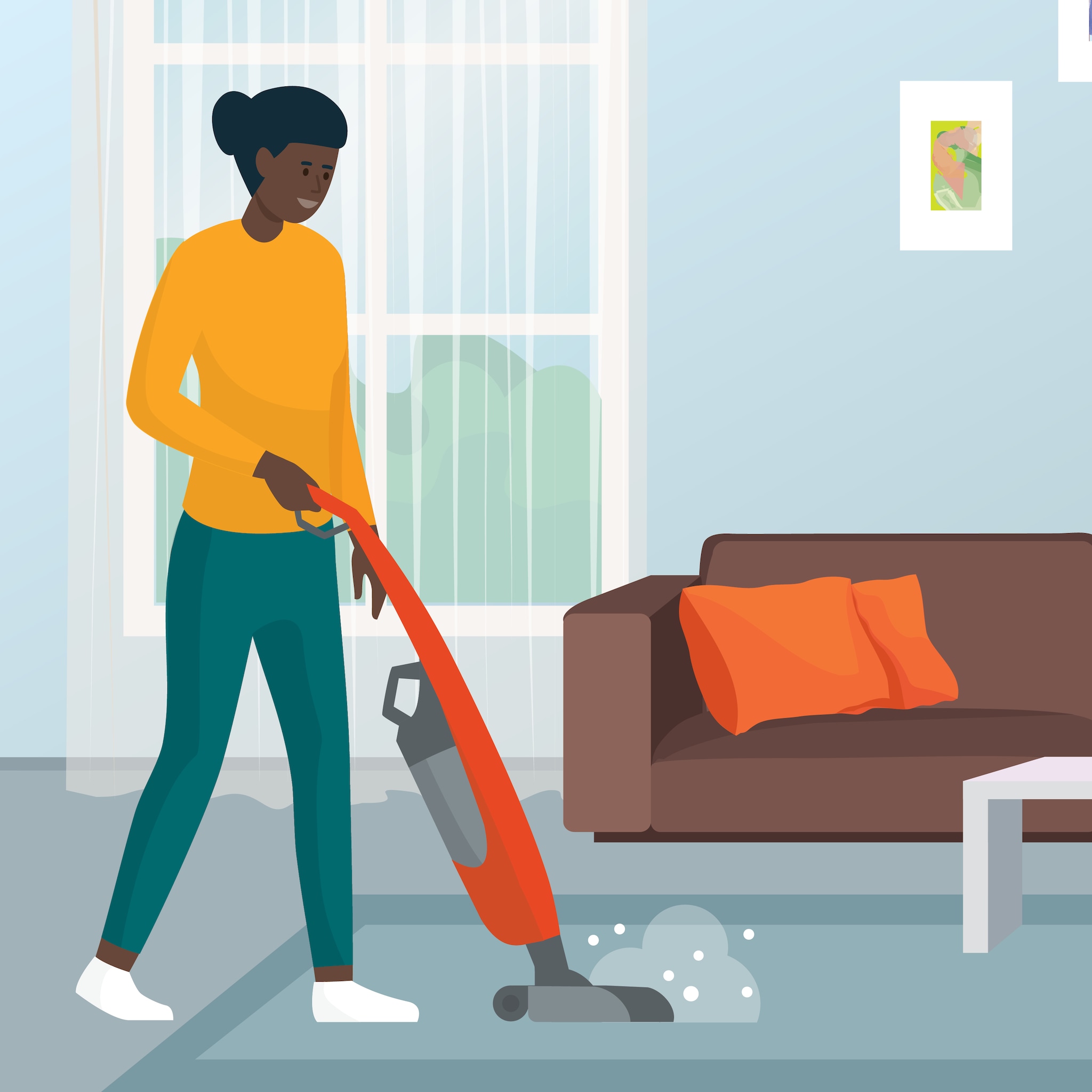 woman vacuuming a carpet in a living room