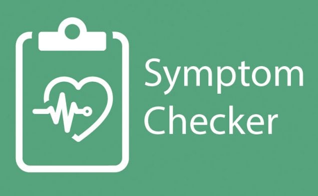 Graphic of a computer sketch of a clipboard with heart and vital line depicting a symptom checker.