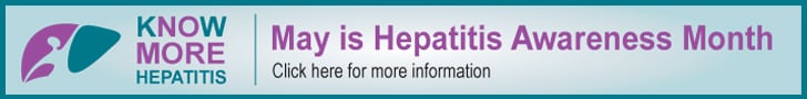 wide banner starting with logo on the left, then 'Know More Hepatitis' phrase, to the right of it. On the right side are the phrases 'May is Hepatitis Awareness Month. Click here for more information.