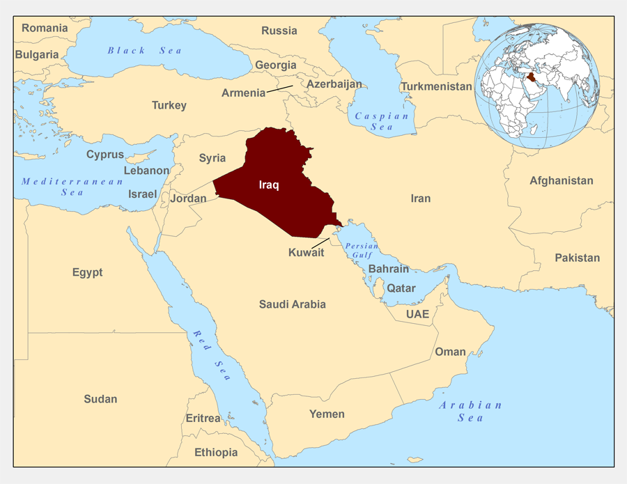 Map showing location of Iraq in the Middle East