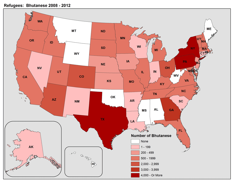 Top 4 resettlement states for Bhutanese refugees are Pennsylvania, Texas, New York, and Georgia.  Bhutanese resettlement is higher in the Northeast and the Midwest.