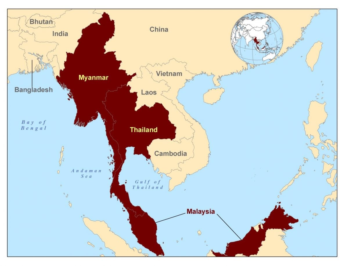 This shows a map of Southeast Asia with Myanmar and Thailand highlighted