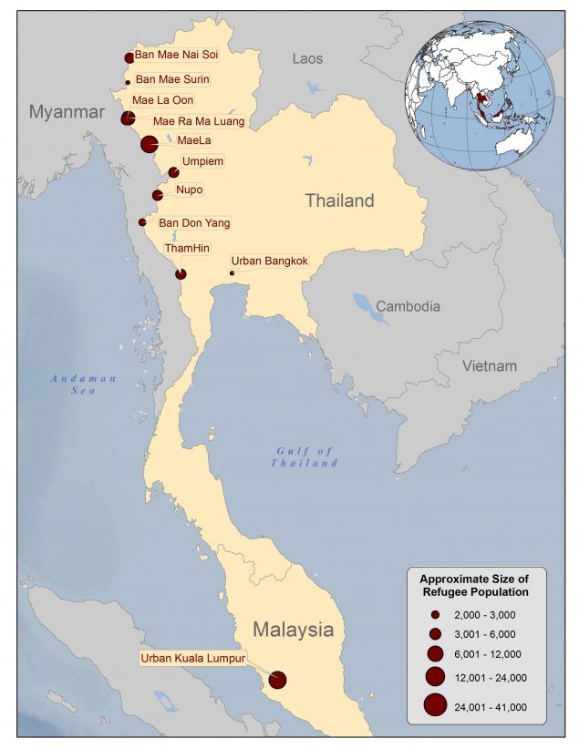 A map of Thailand showing the location of Burmese refugee camps