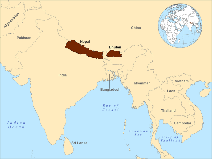 Location of Nepal and Bhutan