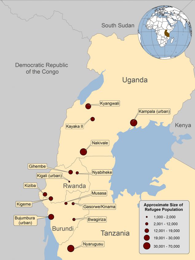 Location and size of major refugee populations in Burundi, Rwanda, Tanzania, and Uganda