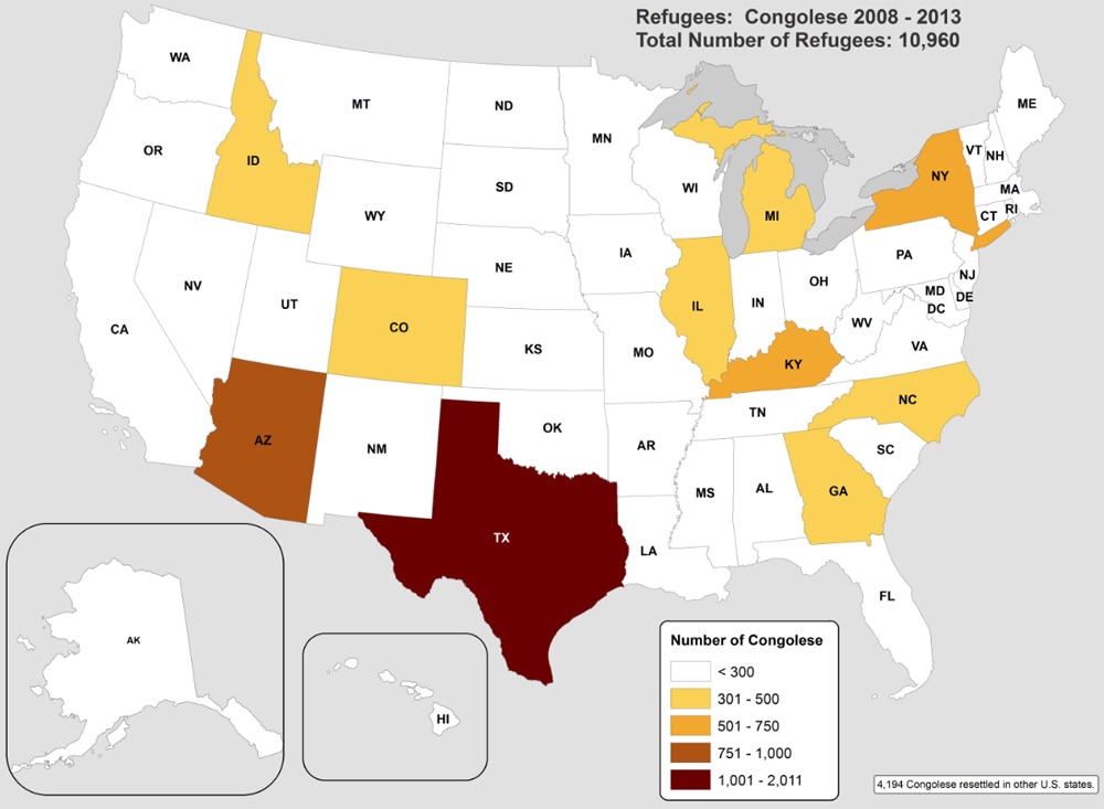 Top 10 US states of primary resettlement for Congolese refugees, 2008-2013