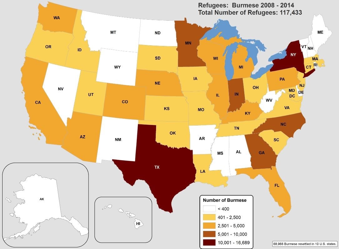 Map of the USA and the numbers of Burmese refugees in each state
