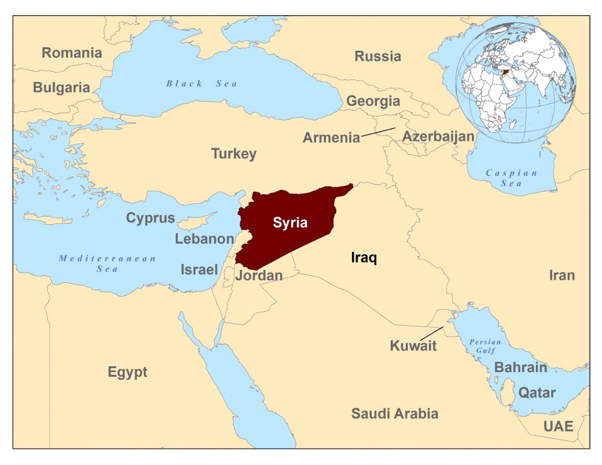 This map shows the Middle East with Syria highlighted.