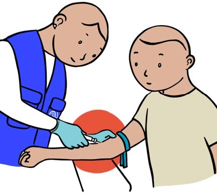 doctor taking blood sample from refugee
