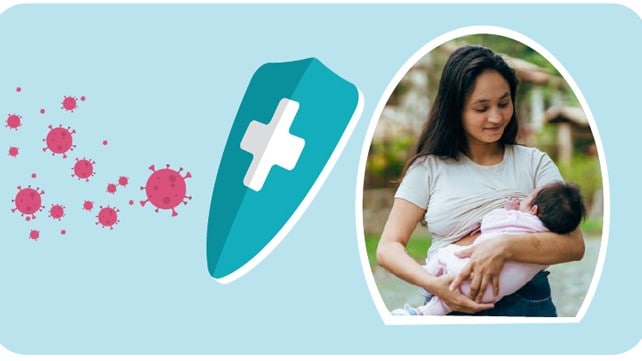 Mom breastfeeding her baby with a shield protecting her from germs.