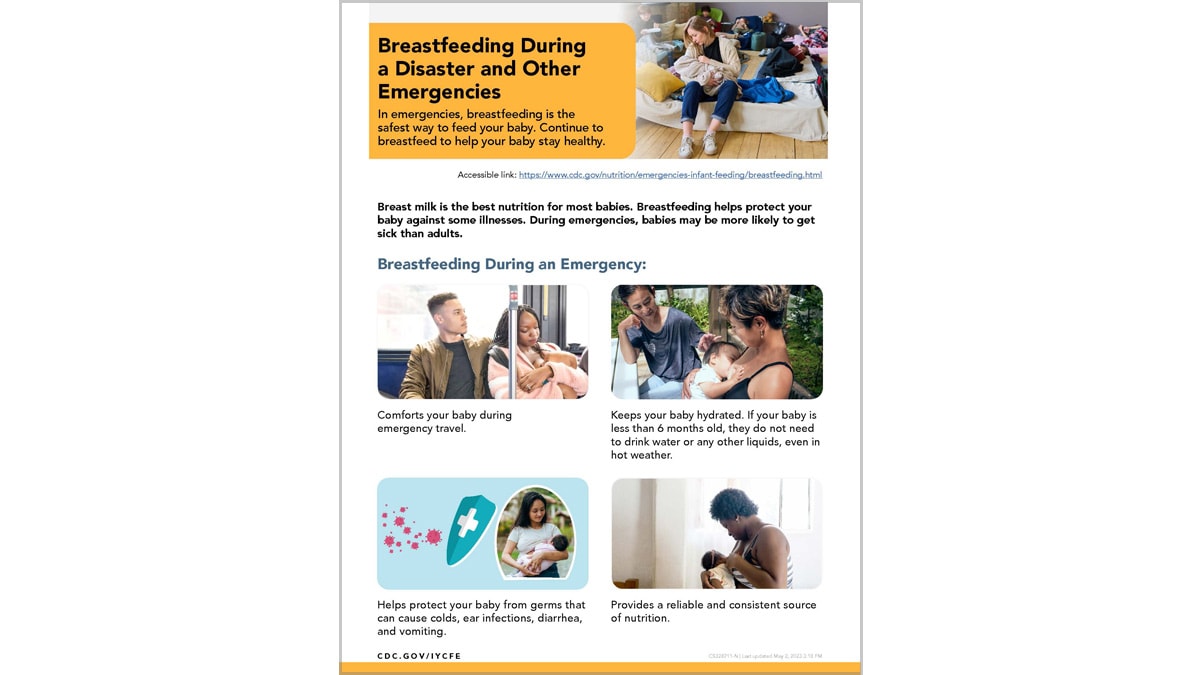 Photo of CDC's handout of Breastfeeding During a disaster or other emergency.