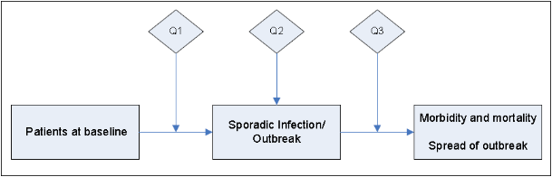 Q1 occurs after Patients at baseline; Q2 occurs during Sporadic Infection/ Outbreak; Q3 occurs before Morbidity and mortality and Spread of outbreak.