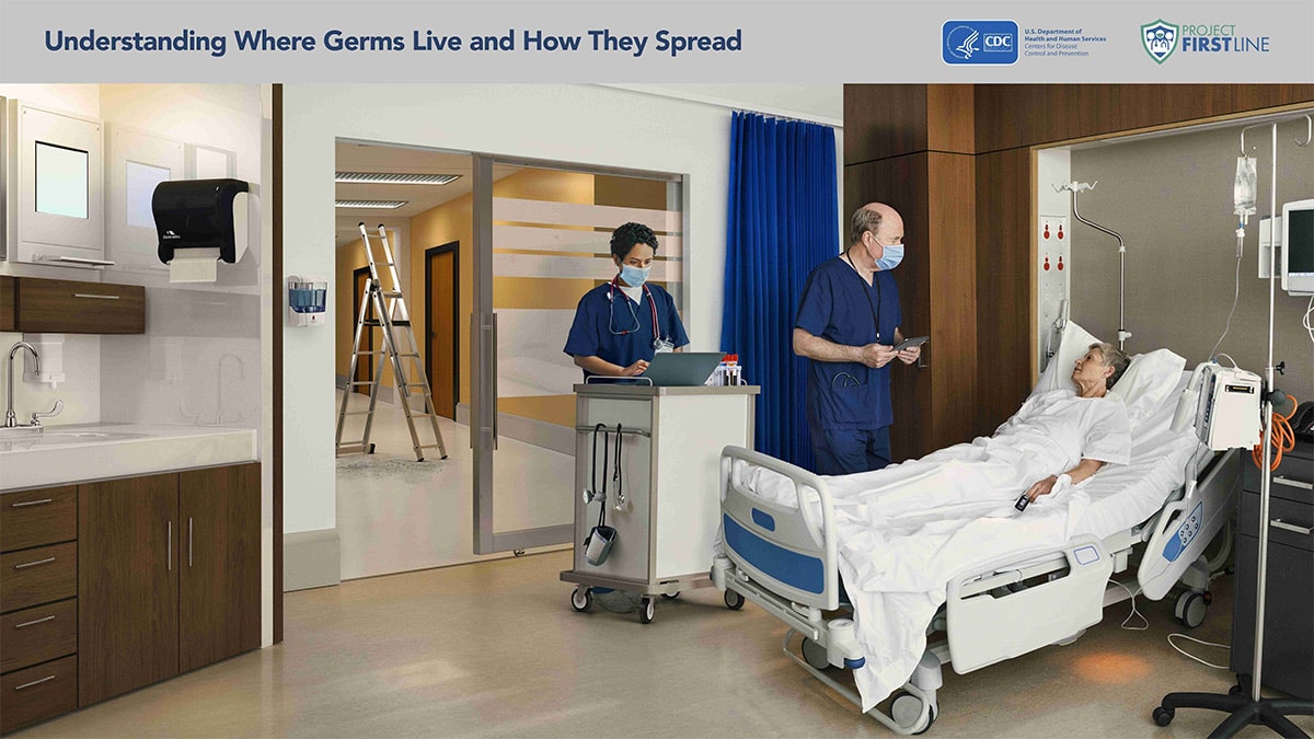 Understanding Where Germs Live and How they Spread. Scenario image of a hospital room with sink, door to hallway, nurse with nurse's cart, doctor and patient with medical devices.