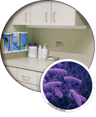 A dry countertop and a close view of germs