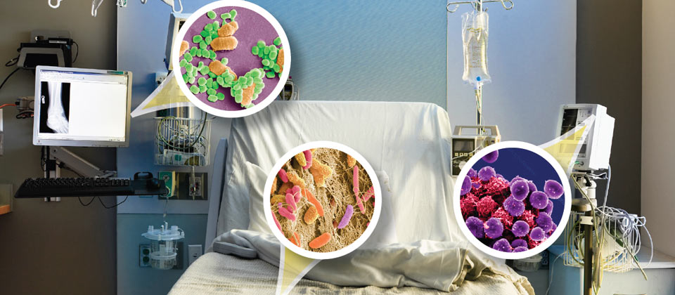 Empty hospital bed with covers open, surrounded by healthcare devices. Microscope germs are highlighted around the room.