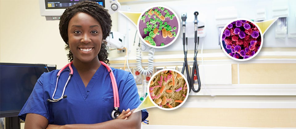 Close-up of a smiling nurse in a medical exam room with zoomed in visuals of germs living on the patient and in the environment.
