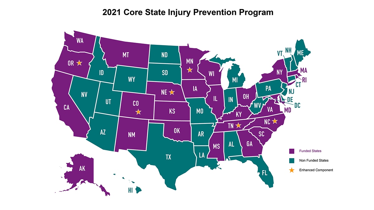 2021 Core State Injury Prevention Program map showing which of the 50 states are funded and unfunded, as well as funded states that have an enhanced component