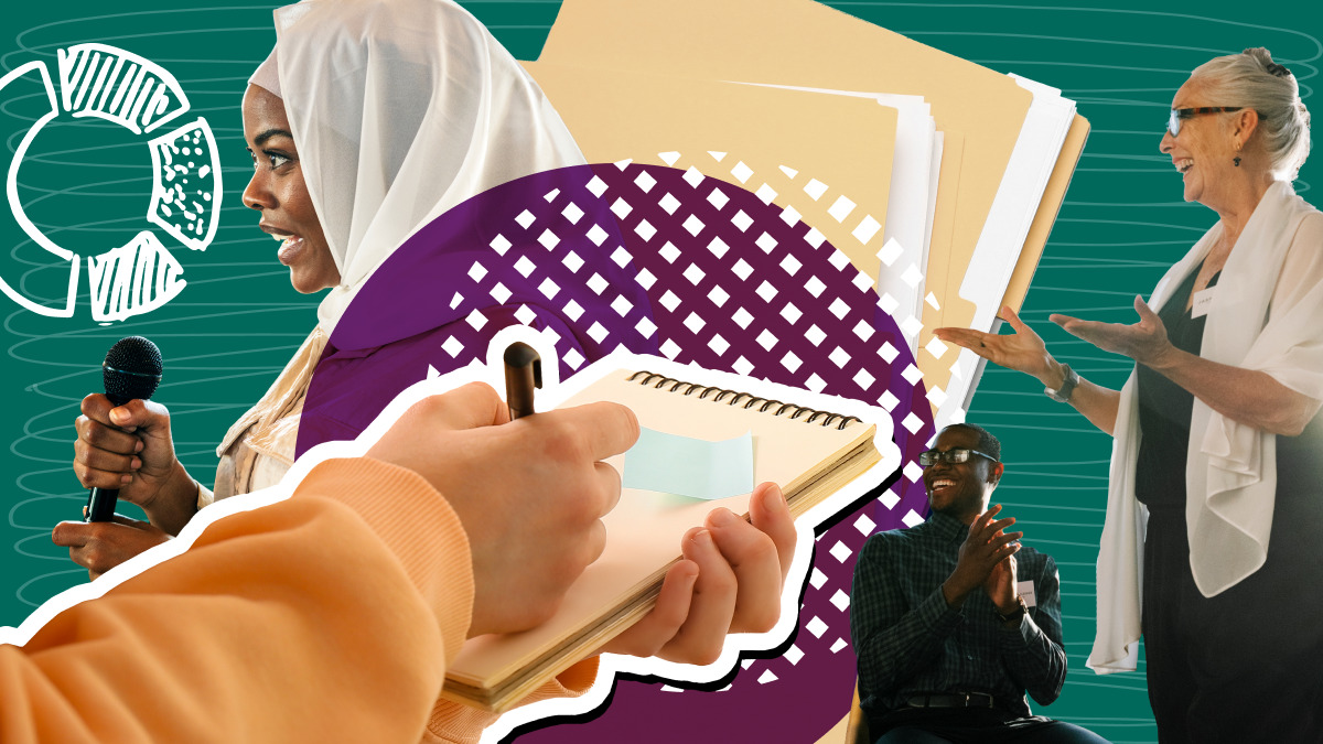 Stock photos of two women giving speeches, a person applauding, and a hand taking notes.