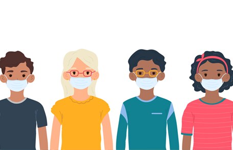 Illustration of a line of young people wearing masks