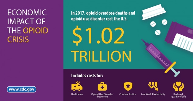Illustration of the economic impact of the opioid crisis on the U.S. in 2017: $1.02 trillion