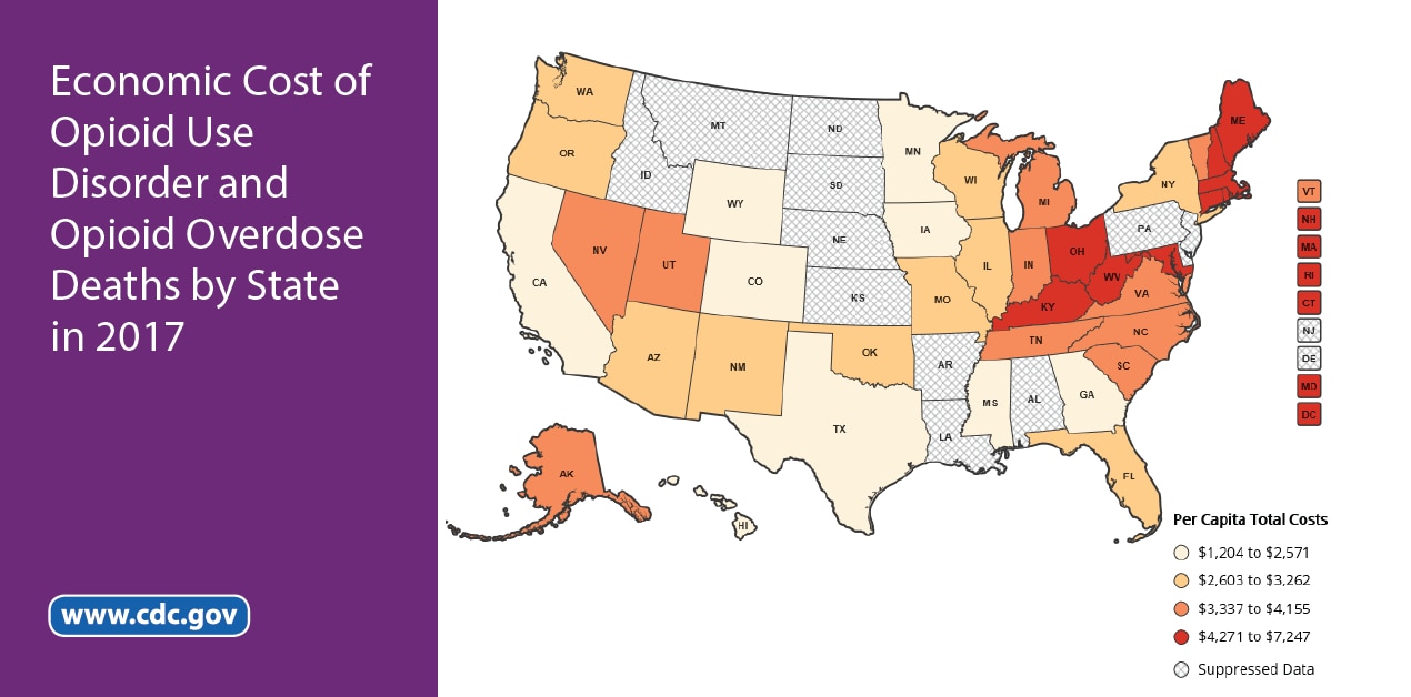 Map of the U.S. showing the economic cost of opioid use and disorder and opioid overdose deaths by state in 2017
