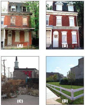 Before-after examples of abandoned building (a and b) and vacant lot (c and d) remediations.