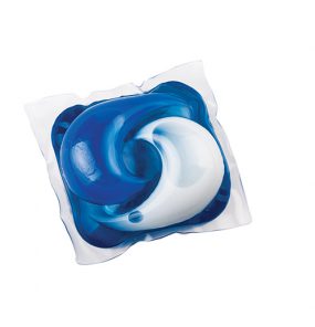 Blue and white laundry detergent pack.