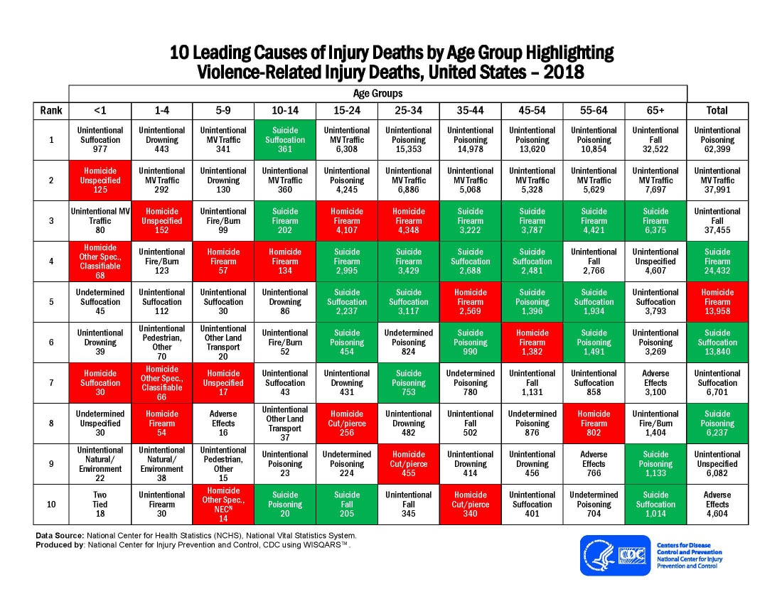 10 Leading Causes of Injury Deaths by Age Group Highlighting Violence-Related Injury Deaths, United States - 2018