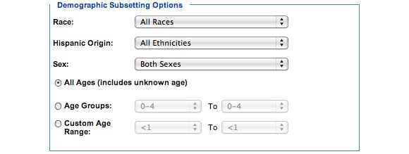 This is an image of the Demographic Subsetting Options section. In this section, you must choose a subcategory of one of the following categories: Race, Hispanic Origin, Sex, All Ages, Age Groups, Custom Age Range.