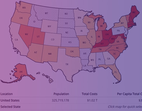 Economic cost of opioid use disorder and fatal opioid overdose US map.